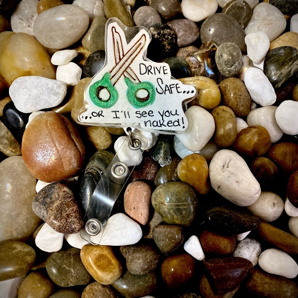 Cute Green Scissors Badge Reel - "Drive Safe"